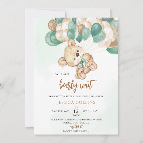 Boho Bear Baby Shower Green Balloons Invitation