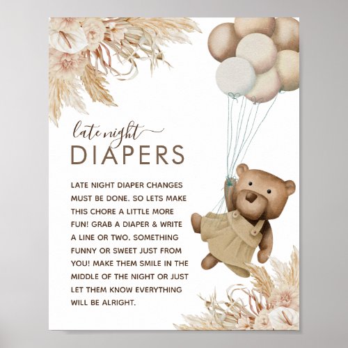 Boho Bear Baby Shower Late Night Diaper Poster