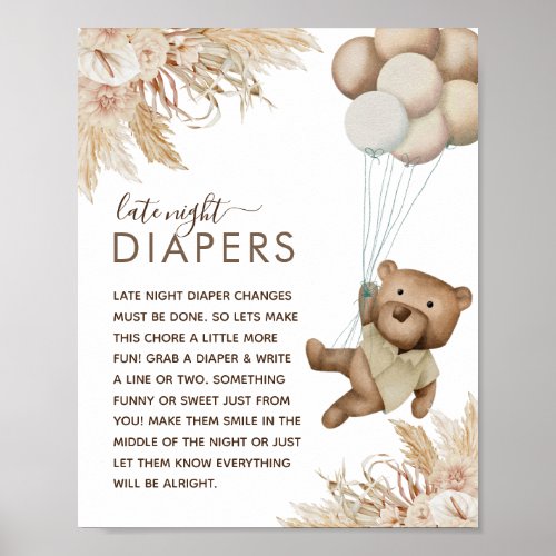 Boho Bear Baby Shower Late Night Diaper Poster