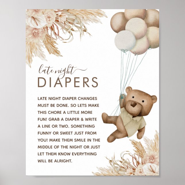 Boho Bear Baby Shower 'Late Night Diaper' Poster (Front)