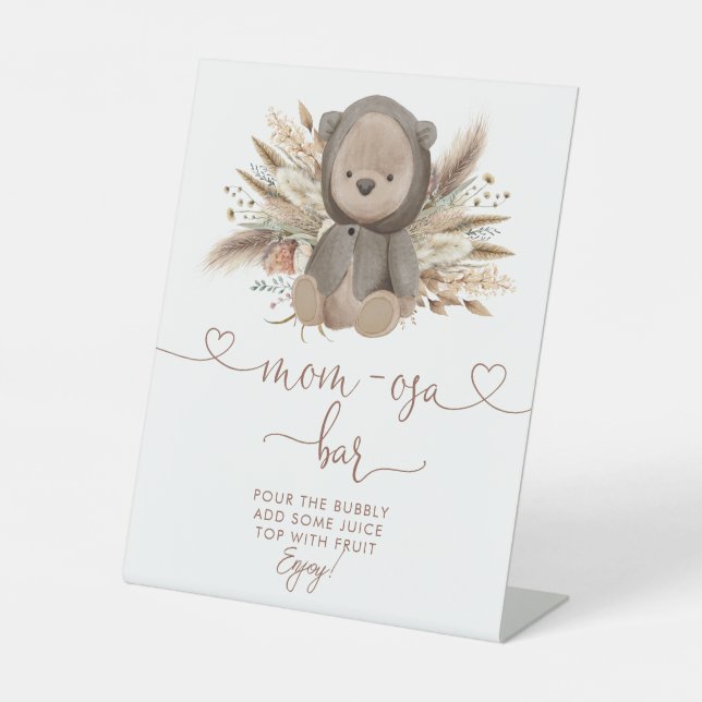 Boho Bear Baby Shower  Mom-osa Bar Pedestal Sign (Front)