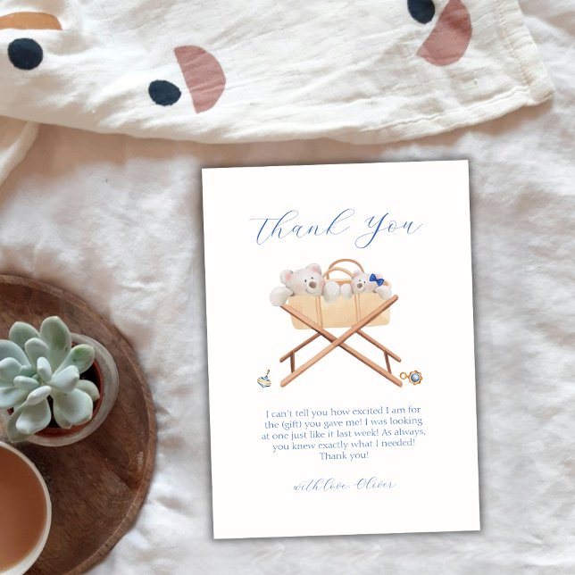 Boho Bear Bassinet Toy Boy Baby Shower Thank You Card (Boho Bear Bassinet Toy Boy Baby Shower Thank You Card)