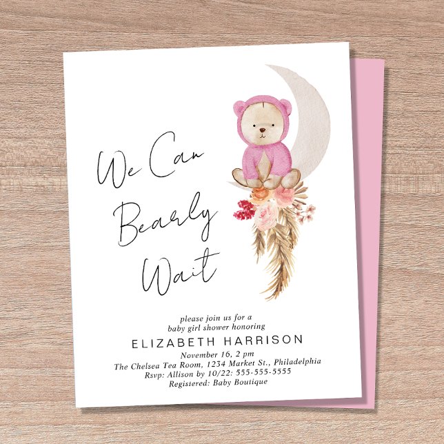 Boho Bear Bearly Wait Baby Girl Shower Invitation (Creator Uploaded)