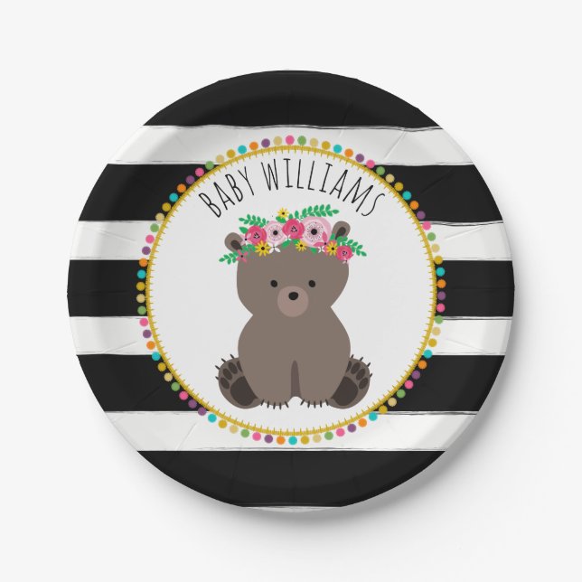 Boho Bear Cardstock Inspired Custom Baby Shower Paper Plates (Front)