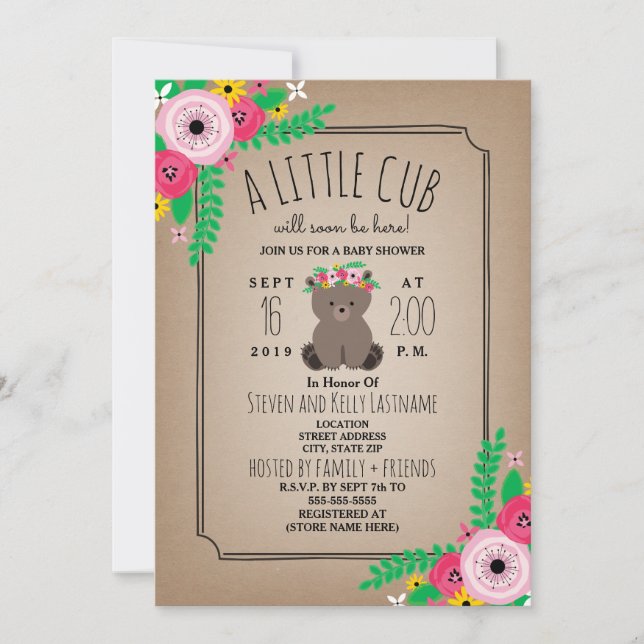Boho Bear Cub Cardstock Inspired Baby Shower Invitation (Front)
