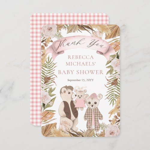 Boho Bear Family Girl Baby Shower Thank You Card