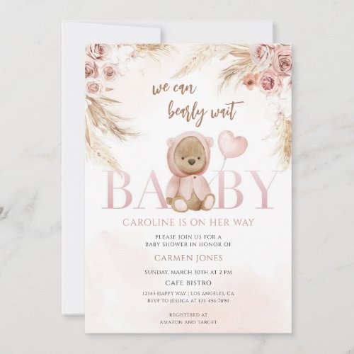 Boho Bear Floral Girl Baby Shower Invitation