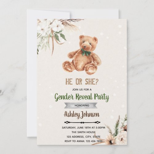 Boho bear gender reveal invitation