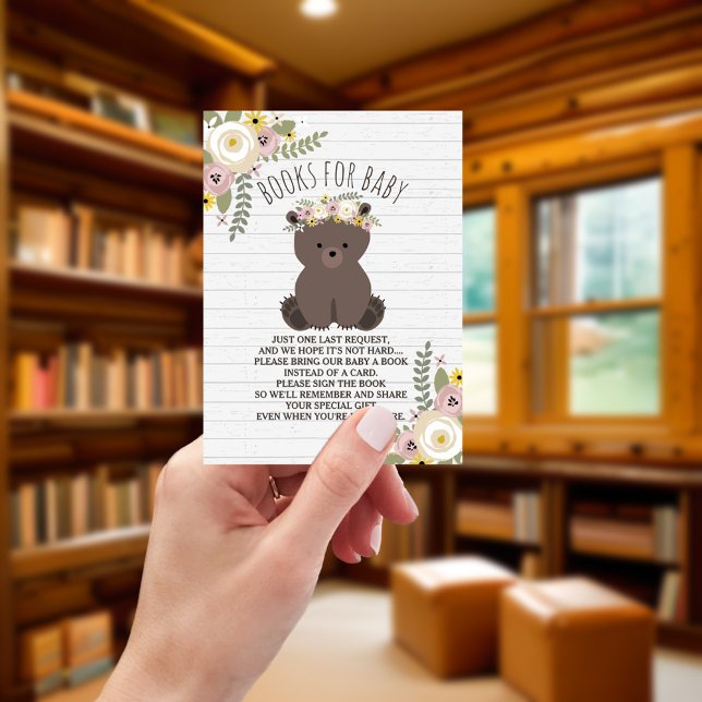 Boho Bear Gray Wood Baby Shower Book Request Enclosure Card (Creator Uploaded)