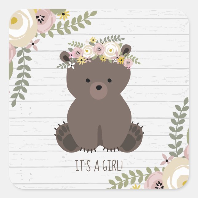 Boho Bear Gray Wood Baby Shower Square Sticker (Front)