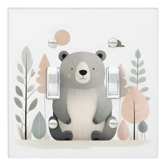Boho Bear in Forest Nursery Kids Room Light Switch Cover (In Situ)