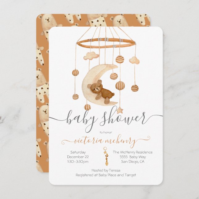 Boho Bear Moon Mobile Baby Shower Invitation (Front/Back)