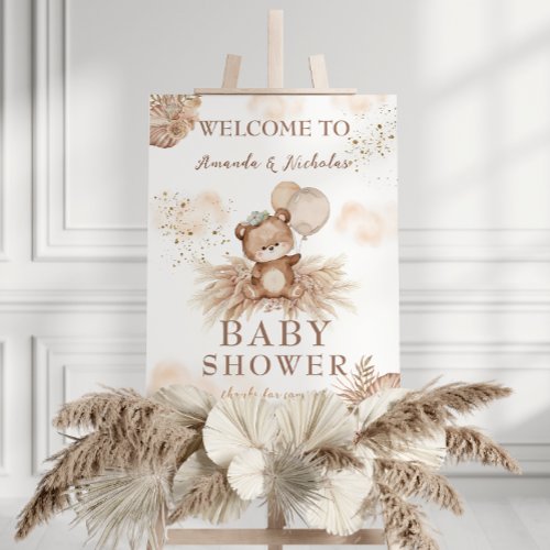 Boho Bear Neutral Pampas Baby Shower Welcome Sign