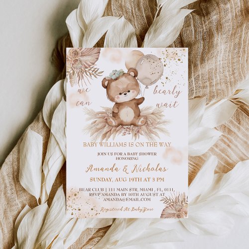 Boho Bear Pampas Floral Neutral Baby Shower Invitation