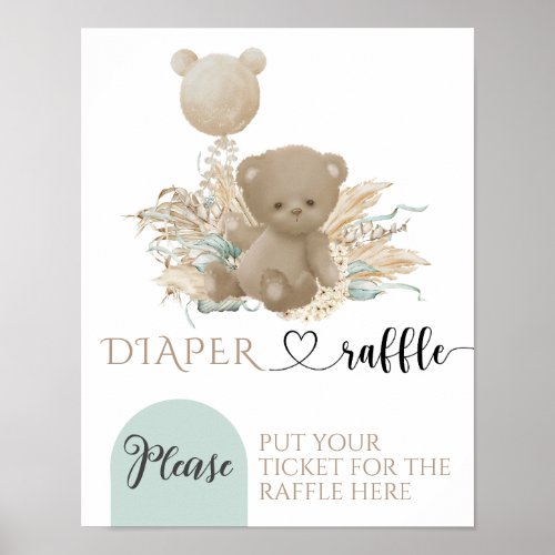 Boho Bear Pampas Grass Baby Shower Diaper raffle Poster