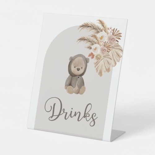 Boho Bear Pampas Grass Baby Shower Drinks Pedestal Sign