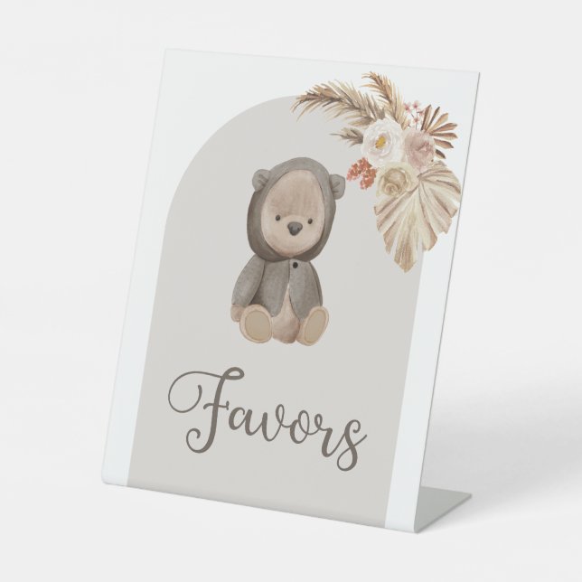 Boho Bear Pampas Grass Baby Shower Favors Pedestal Sign (Front)