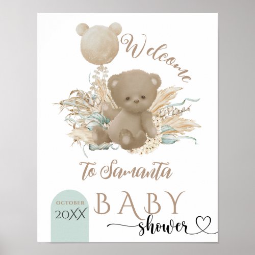 Boho Bear Pampas Grass Baby Shower welcome Poster
