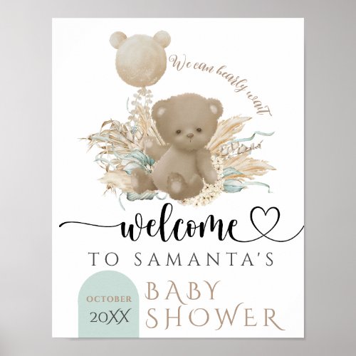 Boho Bear Pampas Grass Baby Shower welcome Poster