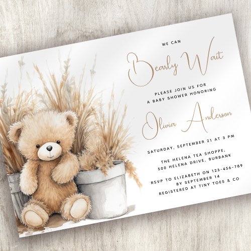 Boho Bear Pampas Grass Bearly Wait Baby Shower Invitation