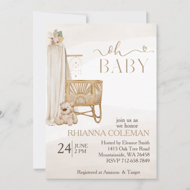 boho Bear pampas grass floral baby shower  Invitation (Front)