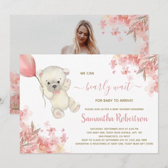 Boho Bear Pink Floral Pampa Grass Girl Baby Shower Invitation (Front/Back)