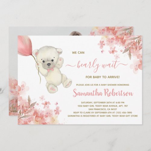 Boho Bear Pink Floral Pampa Grass Girl Baby Shower Invitation