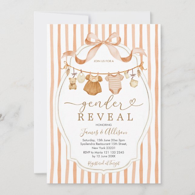 Boho Bear Rustic Baby Clothesline Gender Reveal Invitation (Front)
