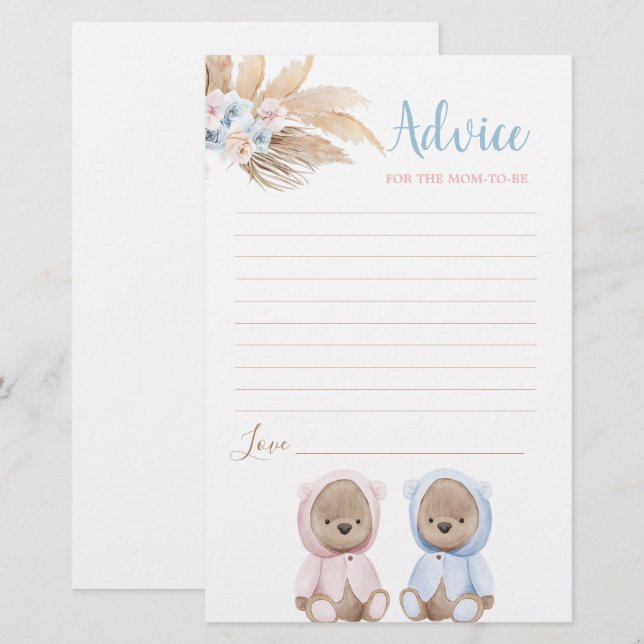 Boho Bear Twins Advice for Mom To Be card (Front/Back)