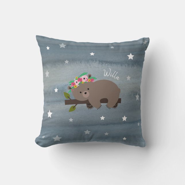Boho Bear Watercolor Stars Throw Pillow (Front)