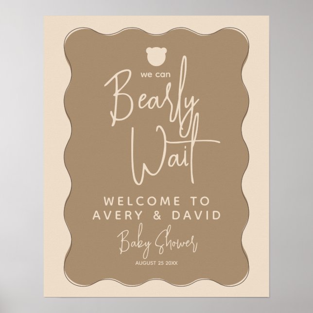 Boho Bear Wavy Frame Simple Baby Shower welcome  Poster (Front)