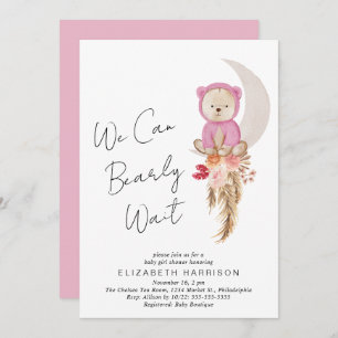 Boho Bear We Can Bearly Wait Baby Girl Shower Invitation