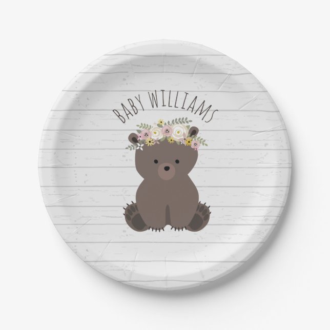 Boho Bear Wood Inspired Custom Baby Shower Paper Plates (Front)