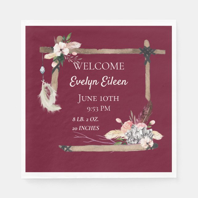 Boho Beautiful Baby Birth Stats Napkins (Front)