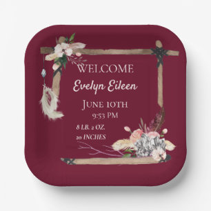 Boho Beautiful Baby Birth Stats Paper Plates