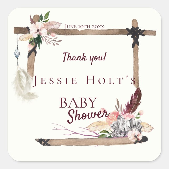 Boho Beautiful Baby Shower Thank You Square Sticker (Front)
