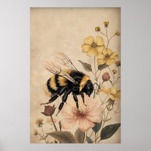 Boho Bee In Yellow Flower Print, Botanical Wall Poster