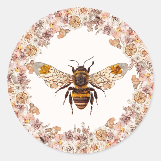 Boho Bee Watercolor Wildflower Classic Round Sticker (Front)