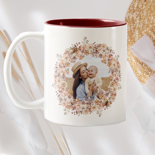 Boho Bee Watercolor Wildflower Custom Photo Mom Two_Tone Coffee Mug