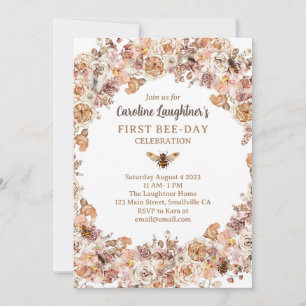 Boho Bee Watercolor Wildflower First Bee-Day Invitation