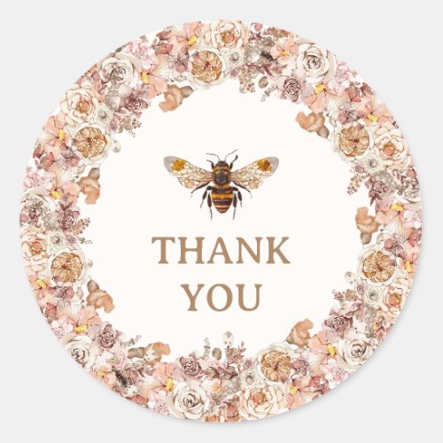 Boho Bee Watercolor Wildflower Thank You Classic Round Sticker