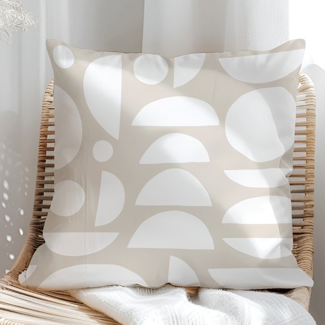 Boho Beige Abstract Moon Phase Throw Pillow (Boho Beige Abstract Moon Phase Throw Pillow in a sunny rattan armchair)