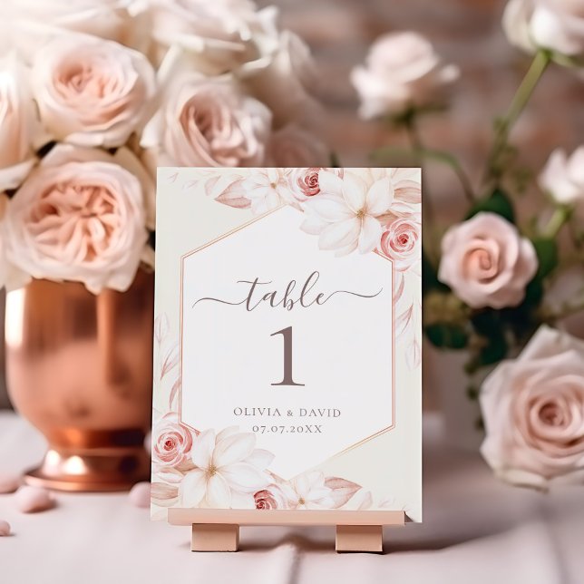 Boho Beige and Blush Pink Floral Table Number (Boho Beige and Blush Pink Floral Table Number on a table with pale pink roses.)