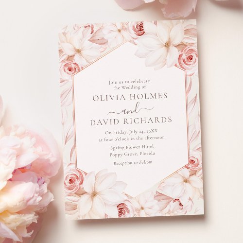 Boho Beige and Blush Pink Floral Wedding  Invitation