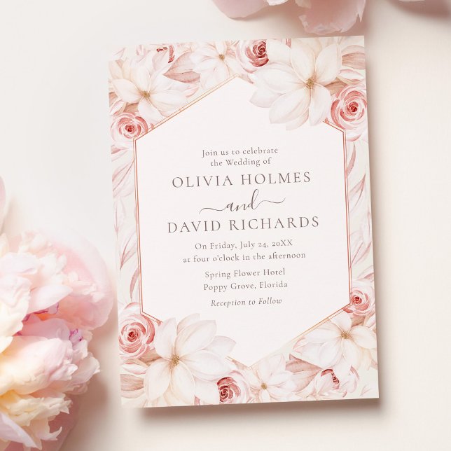 Boho Beige and Blush Pink Floral Wedding  Invitation (Boho Beige and Blush Pink Floral Wedding Invitation on pink table with pink roses.)