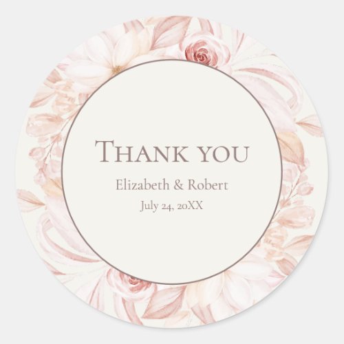 Boho Beige and Pink Floral Wedding Thank You Classic Round Sticker