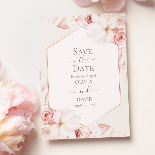 Boho Beige and Pink Roses Save the Date Card