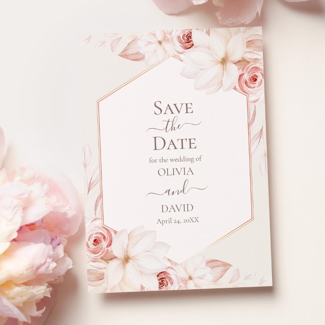 Boho Beige and Pink Roses Save the Date Card (Boho Beige and Pink Roses Save the Date Card on pale pink table with pink roses.)