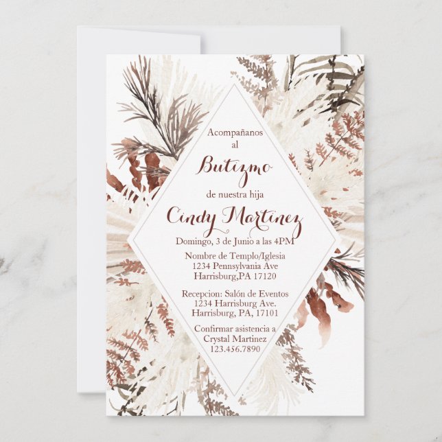 Boho beige baptism invitation for girl (Front)