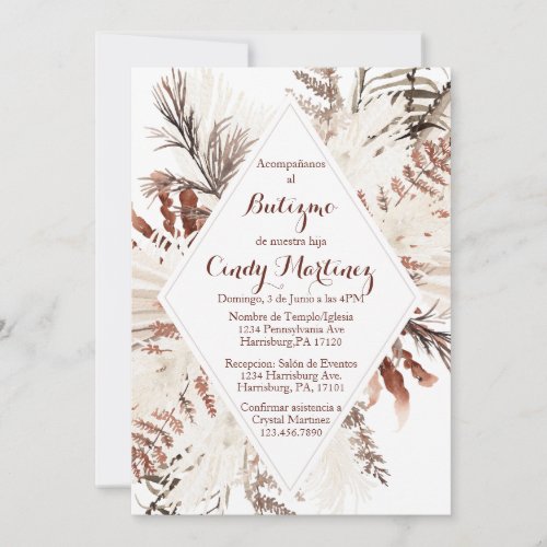 Boho beige baptism invitation for girl